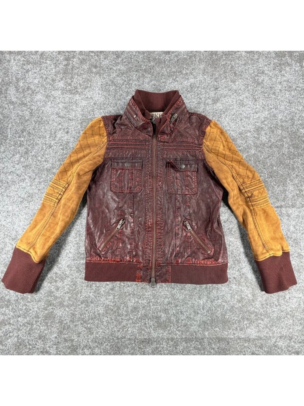 BKE Pieced Full-Zip Jacket Womens XL Burgundy Mustard Faux Leather Ribbed Trim - Picture 1 of 16